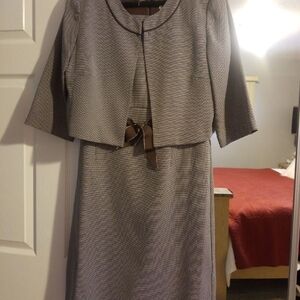 Elegant Gray Dress with Jacket and Brown Bow